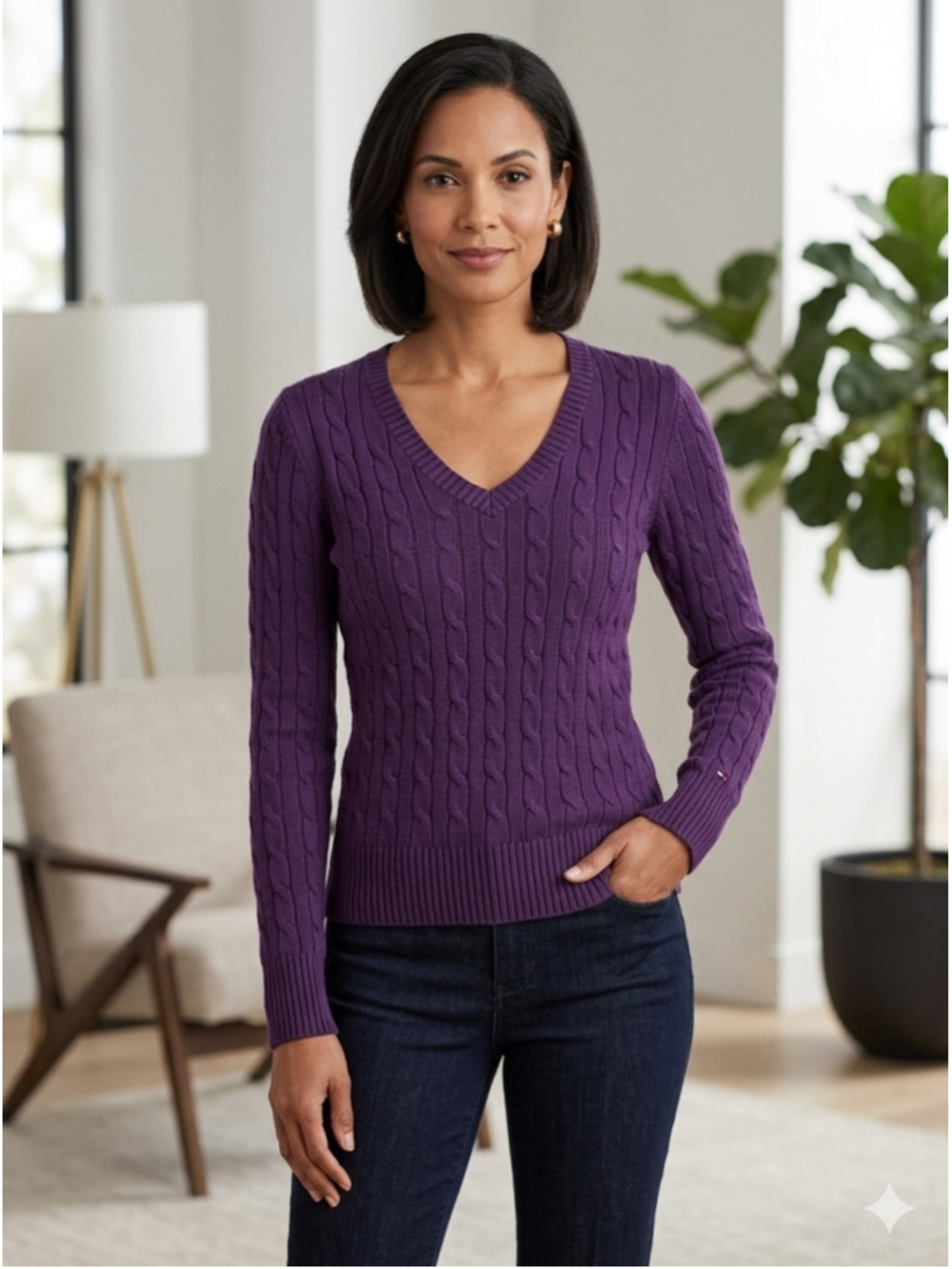 Women's Tommy Hilfiger Cotton Cable Knit V-Neck Sweater Purple Size XS. 2007